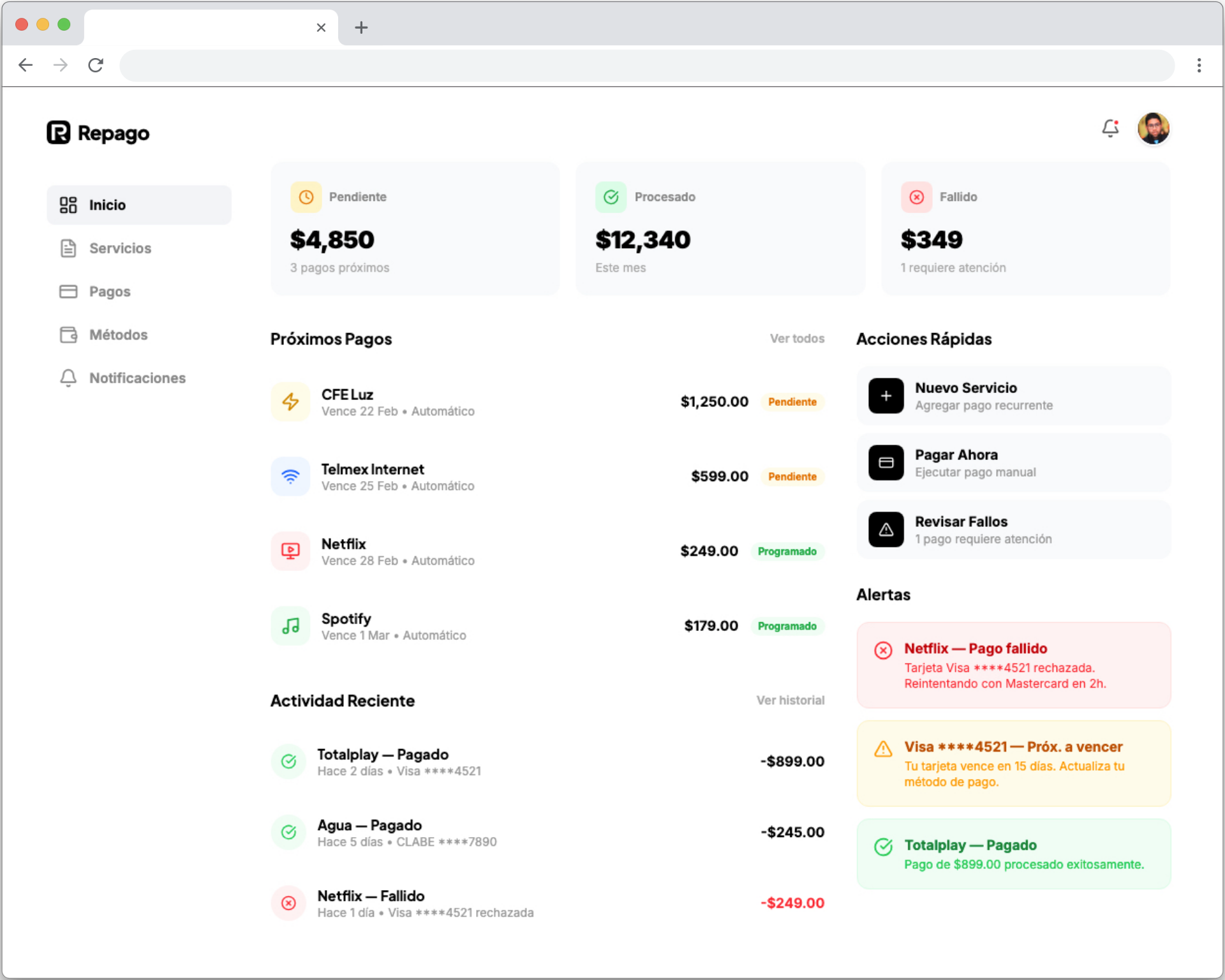 Panel de Repago mostrando pagos próximos, actividad reciente y alertas