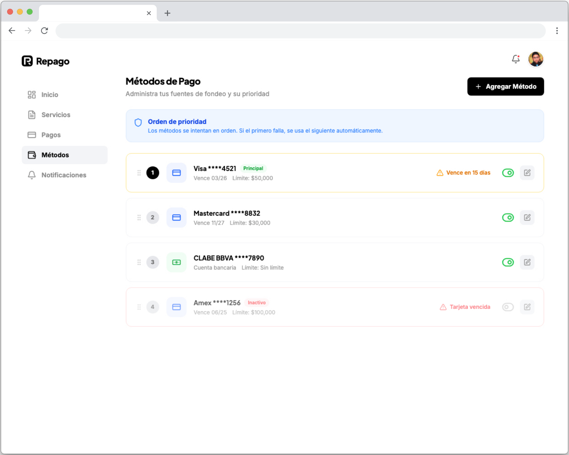 Configuración de métodos de pago