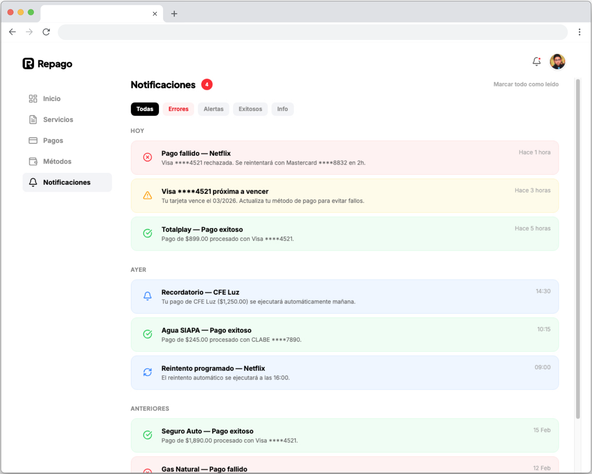 Centro de notificaciones de Repago con alertas de pagos